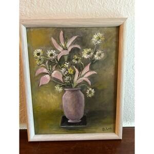 Vintage Still Life Acrylic Painting Floral Bouquet Vase 11x9 Lily Daisy Signed